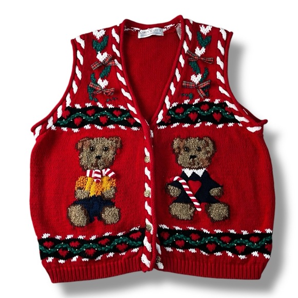 Vintage 90s Karen Scott Christmas Sweater Vest Teddy Bears 3D Trims Red Size 1X - Picture 1 of 12